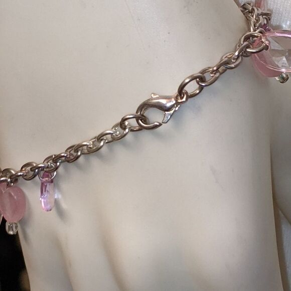 Bracelet. Pink heart & oval beads, clear & solid - Picture 7 of 9